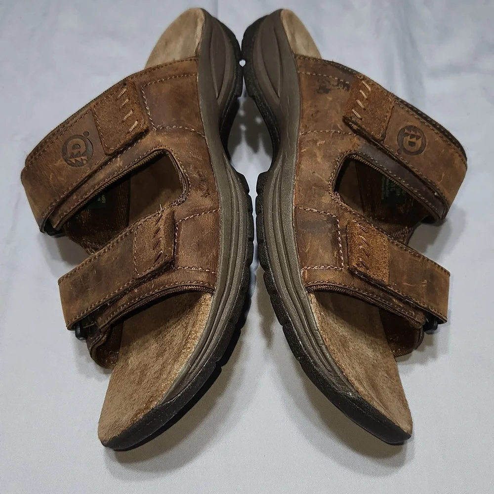 Dunham Men's Brown Leather Slide Sandals Adjustable Straps Size 13 D MCR444BR
